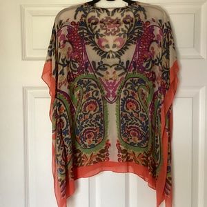 Talbots Silk Chiffon Caftan Scarf Blouse Top Abstract Print V Neck Button Loose